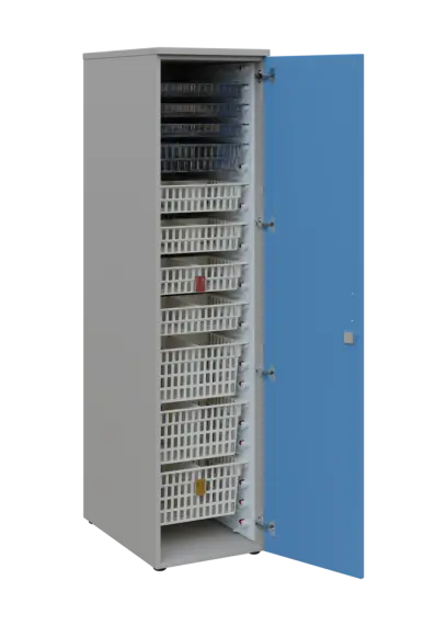 EUROMEDICA D - 46 skříň léková boxová, 1-dveřová, pravá, 1950x460x735, korpus šedý, dvířka pastelově modrá